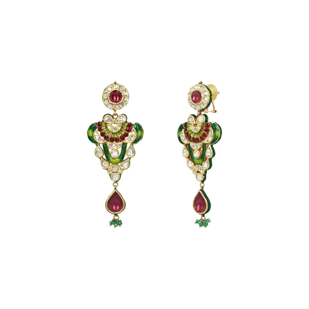 Polki Earrings with Red-Green Enamel, Rhodolite, and Emerald Beads